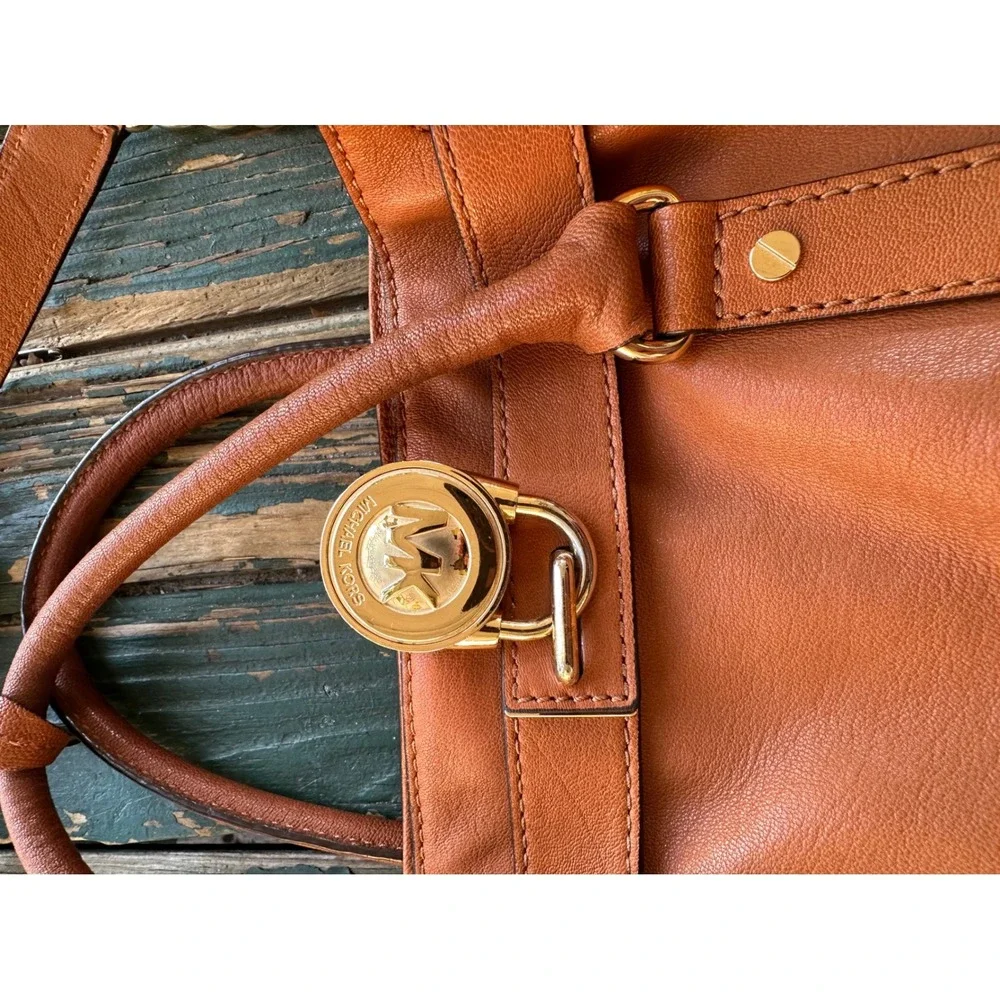 Michael Kors Hamilton Cognac Leather Satchel Gold Padlock Handbag with Pouch